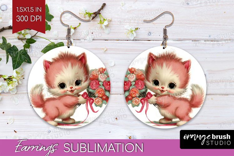 Vintage Valentines Day Round Earrings - Retro Animal PNG