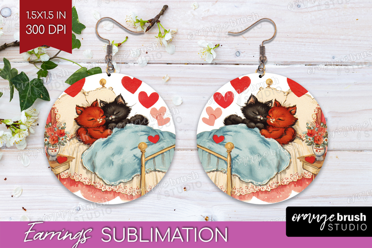 Vintage Valentines Day Round Earrings - Retro Animal PNG