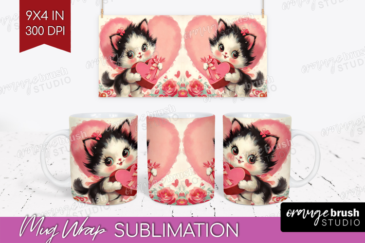 Vintage Valentines Day Mug Wrap - Retro Animal Mug PNG