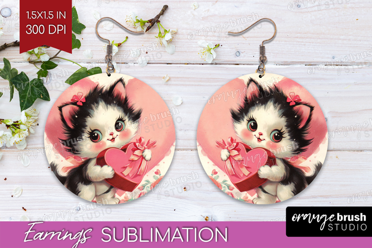 Vintage Valentines Day Round Earrings - Retro Animal PNG