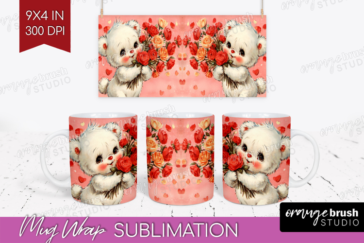 Vintage Valentines Day Mug Wrap - Retro Animal Mug PNG