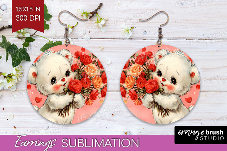 Vintage Valentines Day Round Earrings - Retro Animal PNG