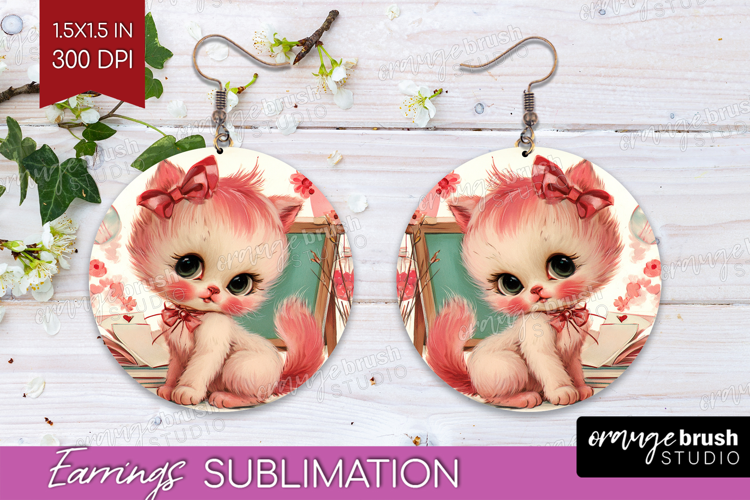 Vintage Valentines Day Round Earrings - Retro Animal PNG