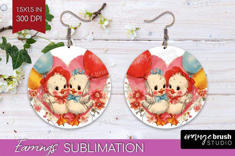 Vintage Valentines Day Round Earrings - Retro Animal PNG