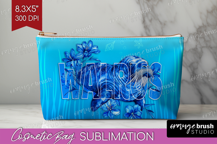 Walrus Floral Cosmetic Bag Sea Blue Makeup Bag PNG