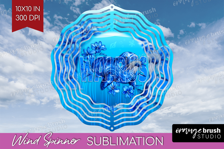 Walrus Floral Wind Spinner Sublimation PNG Sea Blue Round