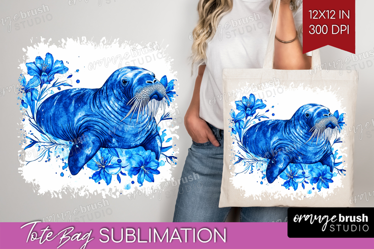 Walrus Floral Tote Bag Blue Flowers Tote Bag PNG Sublimation