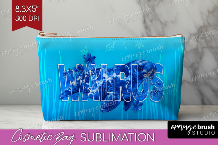 Walrus Floral Cosmetic Bag Sea Blue Makeup Bag PNG
