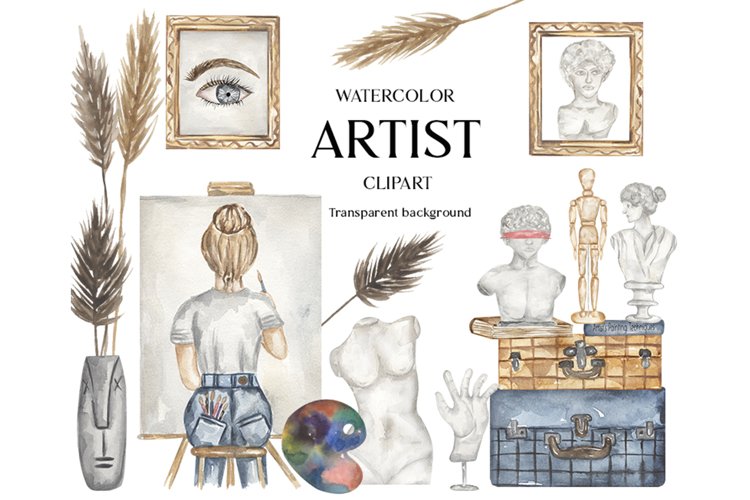 Watercolor Artist Clipart Set Bundle example image 1