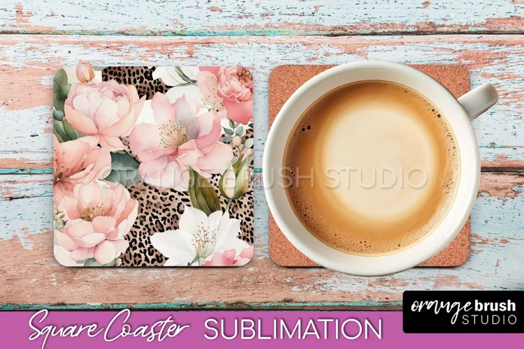 Watercolor Flowers Square Coaster - Floral Pink Sublimation