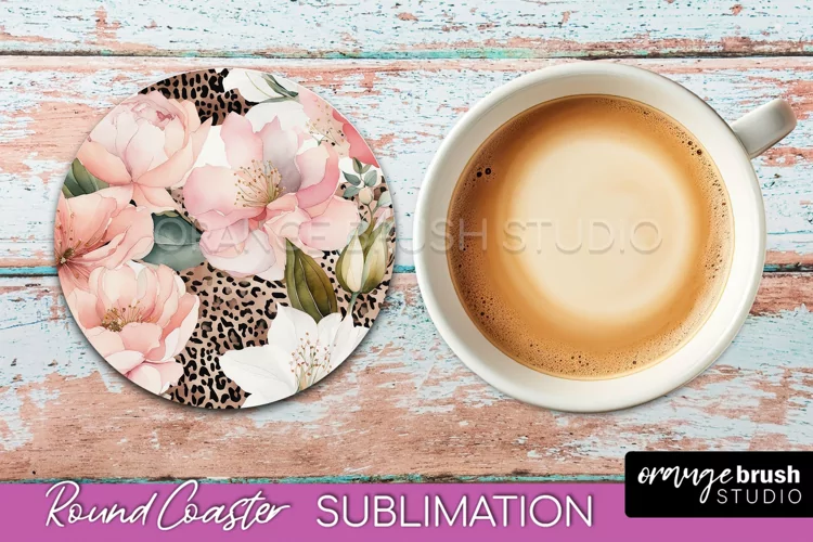 Watercolor Flowers Round Coaster - Floral Pink Sublimation