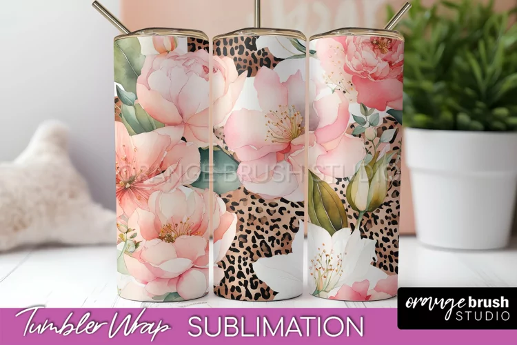 Floral Tumbler Wrap - Pink Flowers Watercolor Tumbler PNG