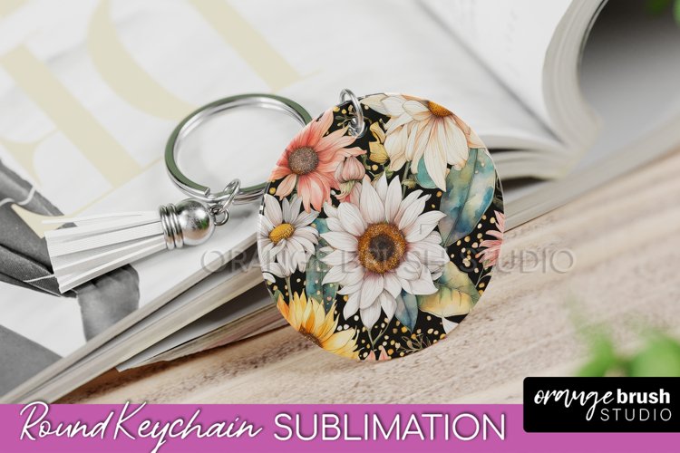 Pink Flowers Keychain, Floral Keychain Sublimation Design