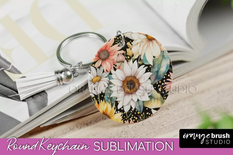 Pink Flowers Keychain, Floral Keychain Sublimation Design