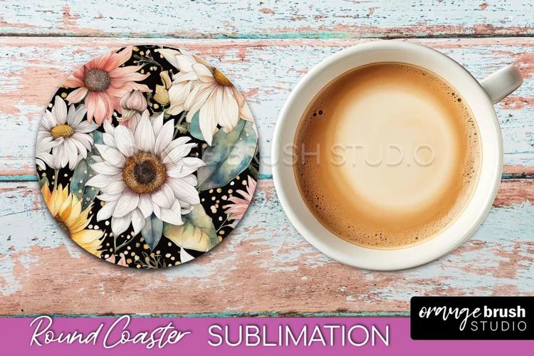 Watercolor Flowers Round Coaster - Floral Pink Sublimation