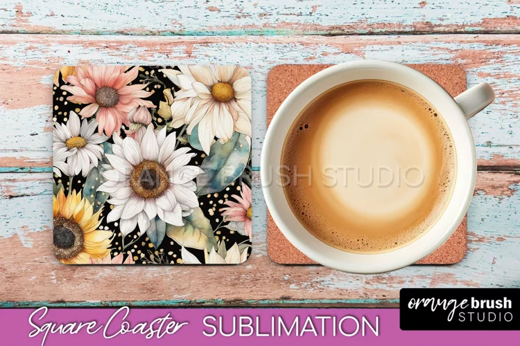 Watercolor Flowers Square Coaster - Floral Pink Sublimation