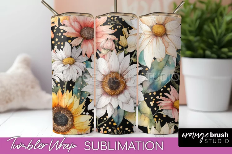 Floral Tumbler Wrap - Pink Flowers Watercolor Tumbler PNG