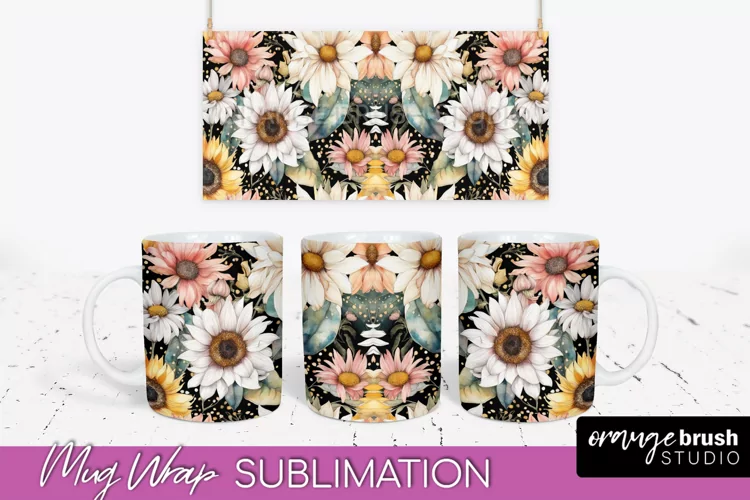 Pink Watercolor Flowers Mug Wrap - Floral Mug Sublimation