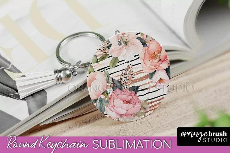 Pink Flowers Keychain, Floral Keychain Sublimation Design