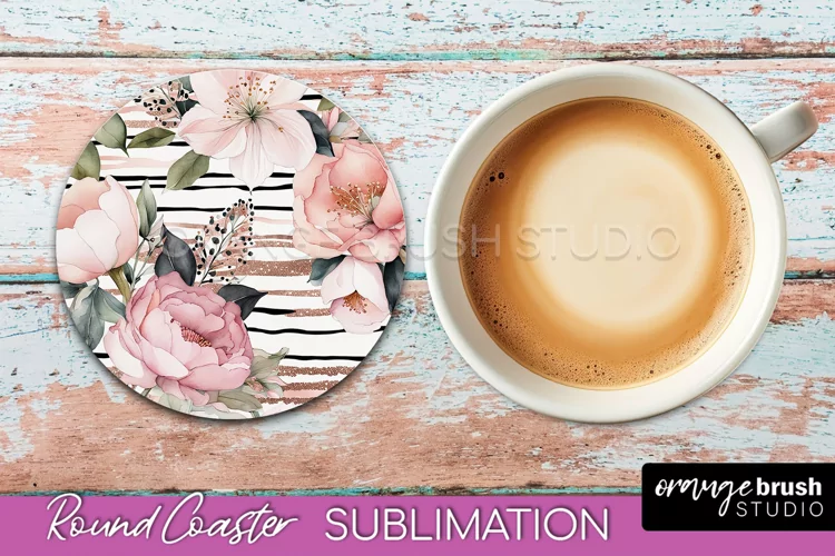 Watercolor Flowers Round Coaster - Floral Pink Sublimation