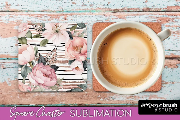 Watercolor Flowers Square Coaster - Floral Pink Sublimation
