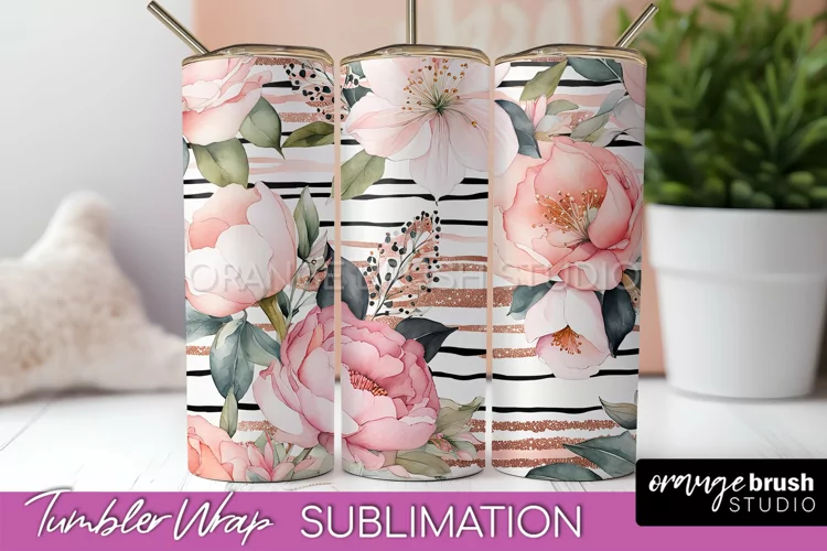 Floral Tumbler Wrap - Pink Flowers Watercolor Tumbler PNG