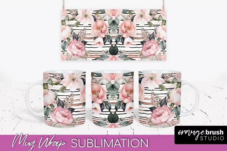 Pink Watercolor Flowers Mug Wrap - Floral Mug Sublimation