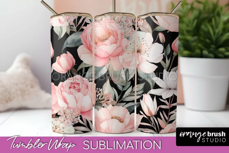 Floral Tumbler Wrap - Pink Flowers Watercolor Tumbler PNG