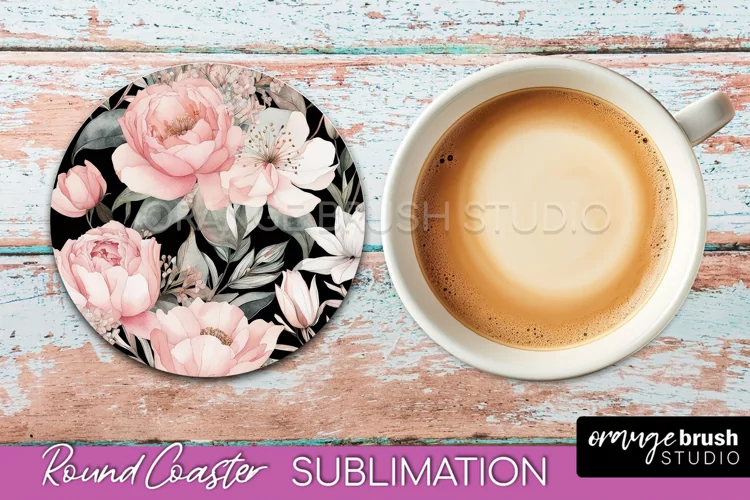 Watercolor Flowers Round Coaster - Floral Pink Sublimation