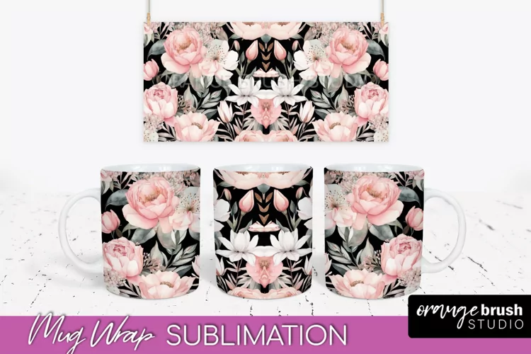 Pink Watercolor Flowers Mug Wrap - Floral Mug Sublimation