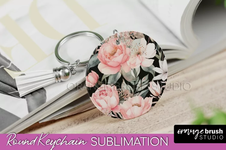 Pink Flowers Keychain, Floral Keychain Sublimation Design