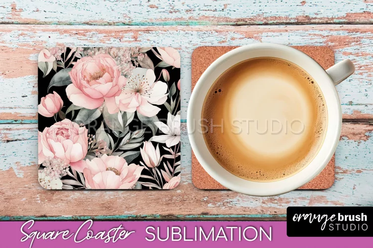 Watercolor Flowers Square Coaster - Floral Pink Sublimation