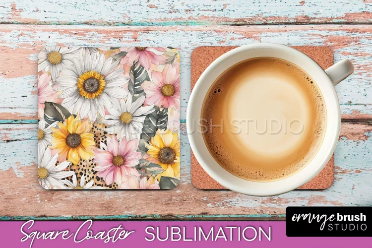 Watercolor Flowers Square Coaster - Floral Pink Sublimation