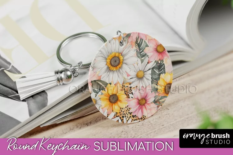 Pink Flowers Keychain, Floral Keychain Sublimation Design