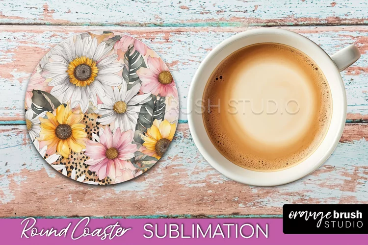 Watercolor Flowers Round Coaster - Floral Pink Sublimation
