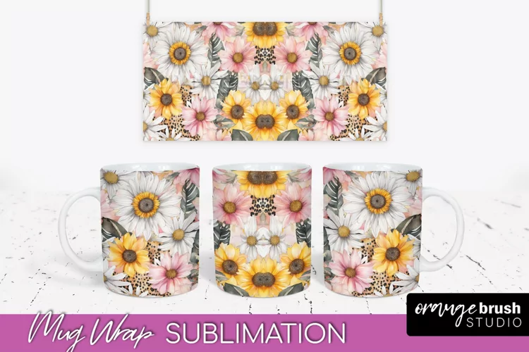 Pink Watercolor Flowers Mug Wrap - Floral Mug Sublimation
