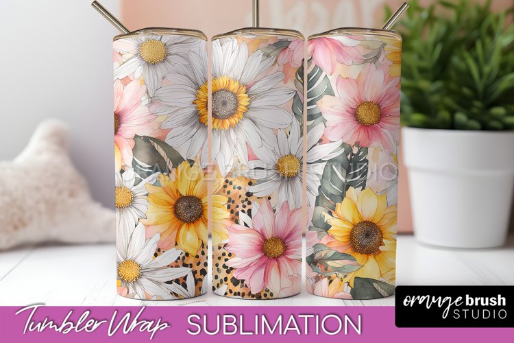 Floral Tumbler Wrap - Pink Flowers Watercolor Tumbler PNG