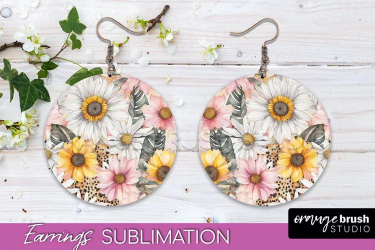 Watercolor Flowers Earrings, Pink Floral Earring Sublimation