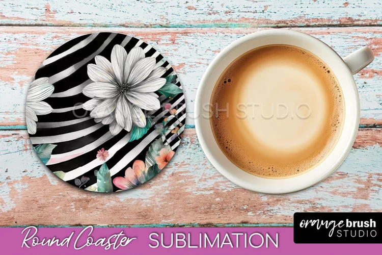 Watercolor Flowers Round Coaster - Floral Pink Sublimation