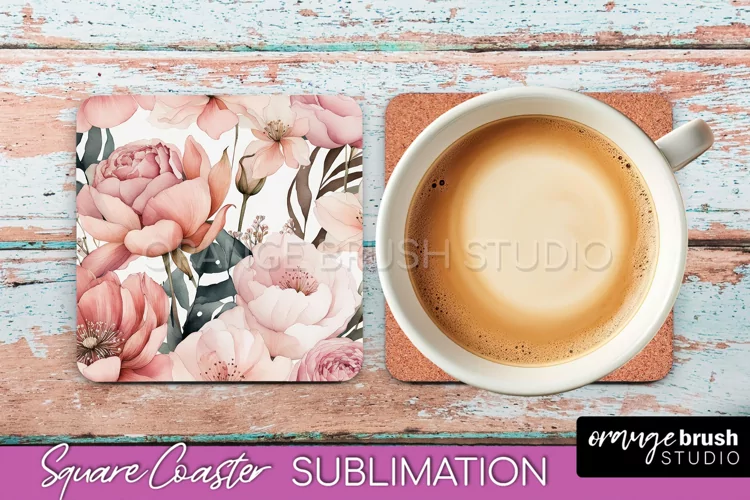 Watercolor Flowers Square Coaster - Floral Pink Sublimation