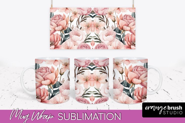 Pink Watercolor Flowers Mug Wrap - Floral Mug Sublimation
