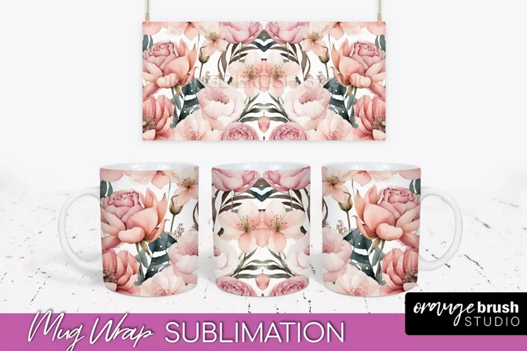 Pink Watercolor Flowers Mug Wrap - Floral Mug Sublimation