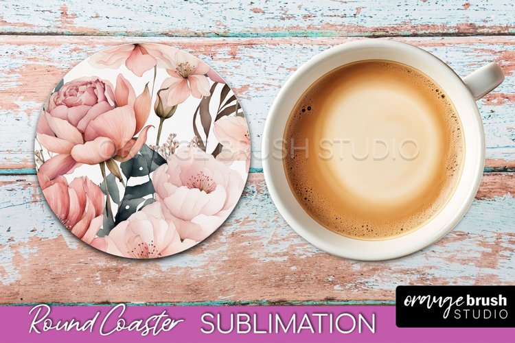 Watercolor Flowers Round Coaster - Floral Pink Sublimation