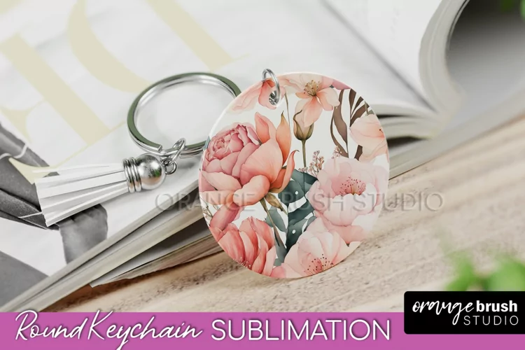 Pink Flowers Keychain, Floral Keychain Sublimation Design