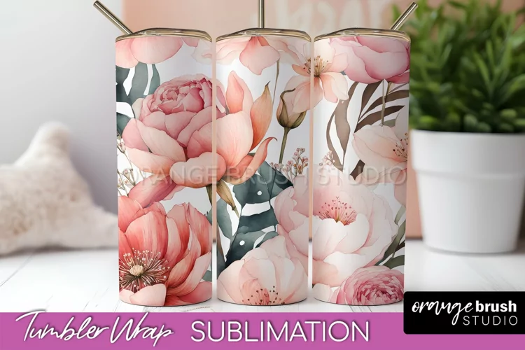Floral Tumbler Wrap - Pink Flowers Watercolor Tumbler PNG