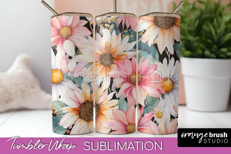 Floral Tumbler Wrap - Pink Flowers Watercolor Tumbler PNG