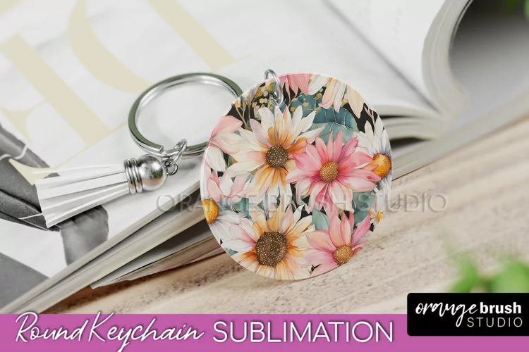 Pink Flowers Keychain, Floral Keychain Sublimation Design