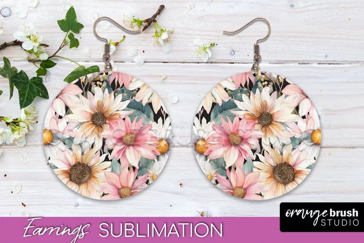 Watercolor Flowers Earrings, Pink Floral Earring Sublimation