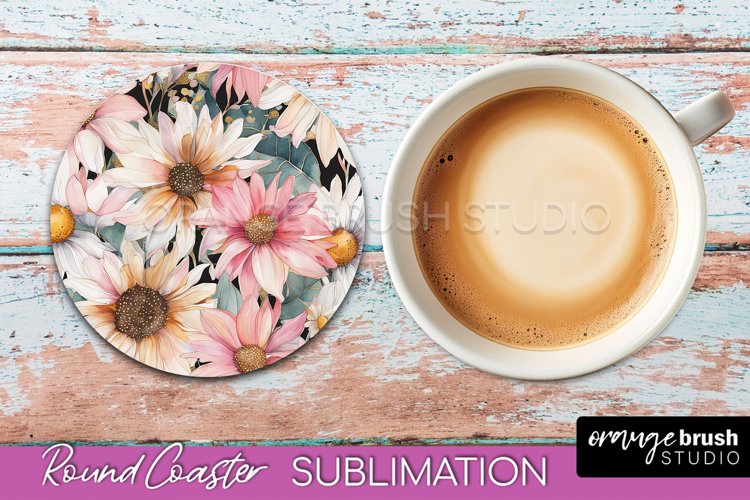 Watercolor Flowers Round Coaster - Floral Pink Sublimation