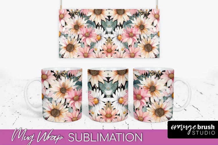 Pink Watercolor Flowers Mug Wrap - Floral Mug Sublimation